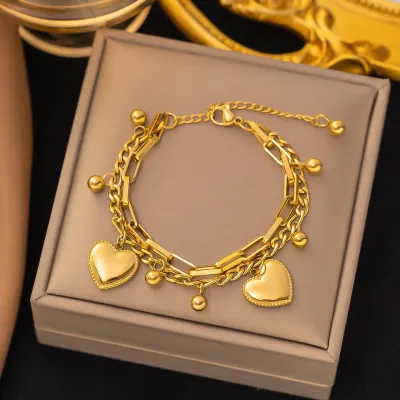 18k Gold Plated Double Layer Heart Chain Bracelet 